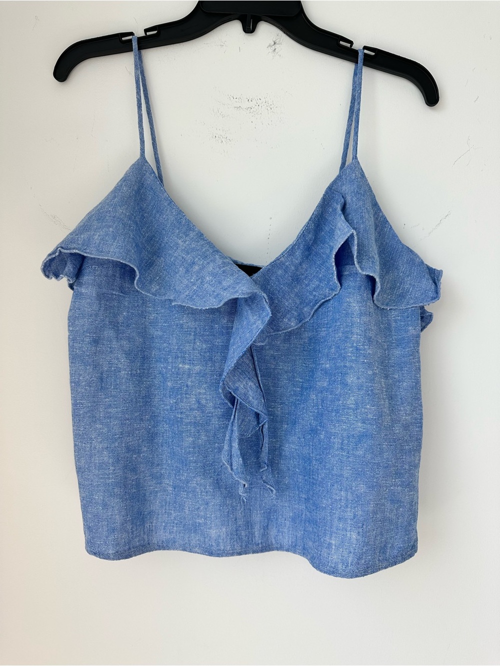 Zara Light Blue Ruffle V-Neck Linen Top